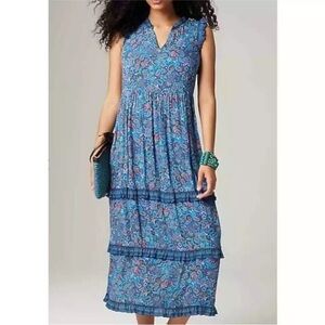 J. Jill Coastal Ruffled Midi Dress 3X Royal Blue Cheerful Paisley, Tiered